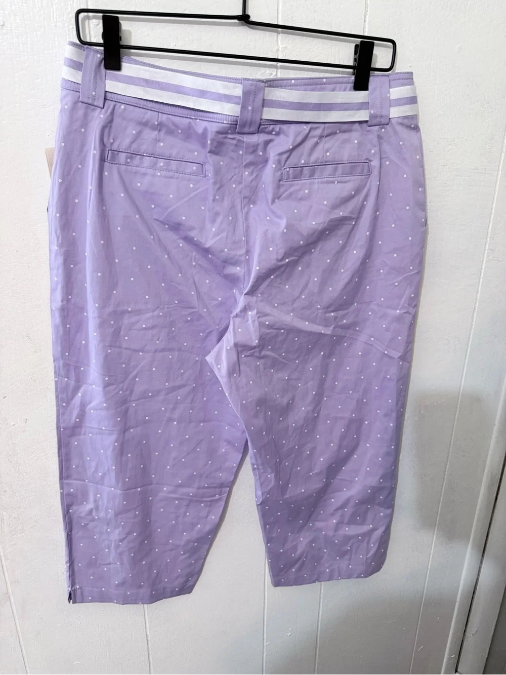 White Stag Lavender Polka Dot Cargo Capri Shorts with Striped Belt